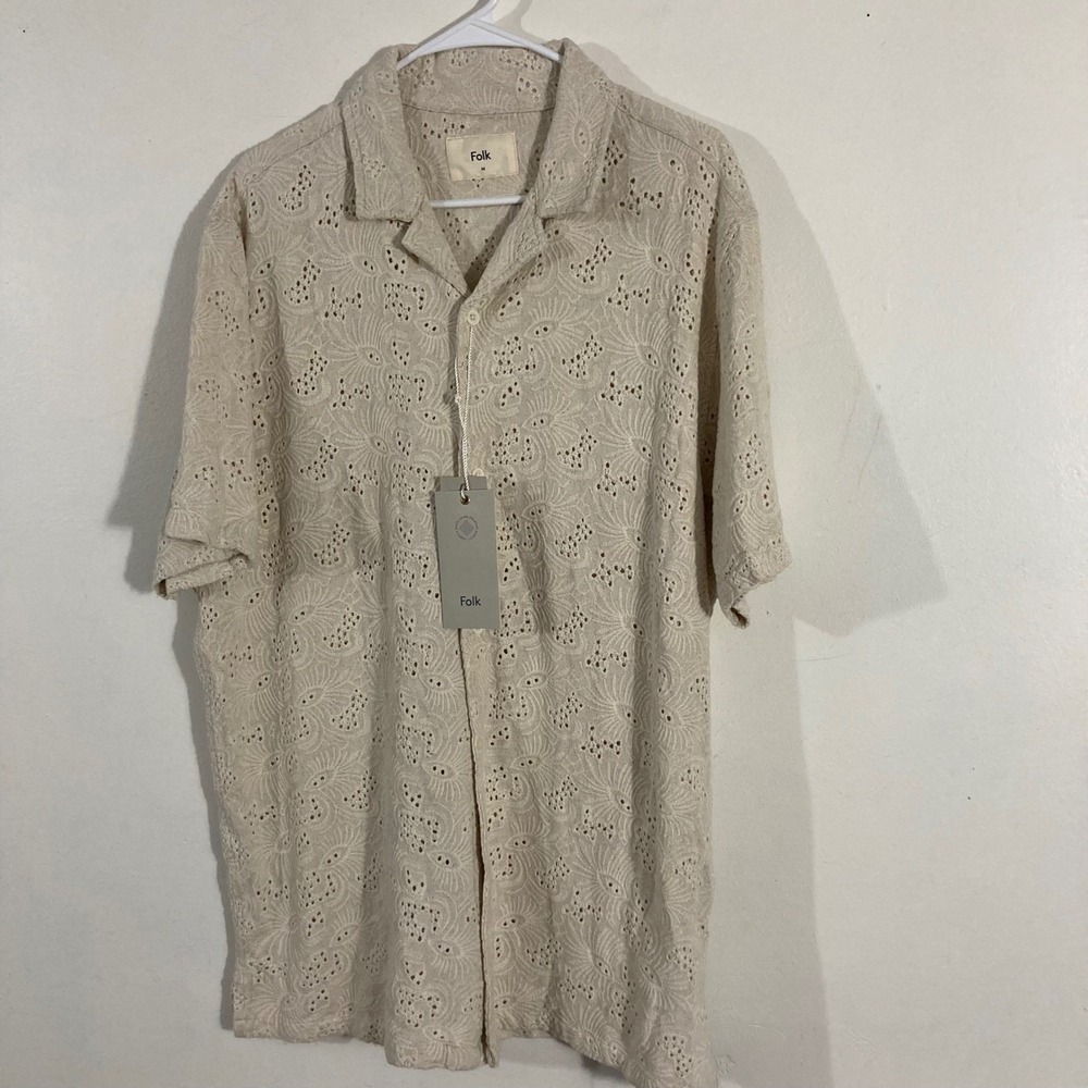 Folk Broad SS Shirt Mens Medium Natural Linen Blend New Eyelet Embroidered NWT